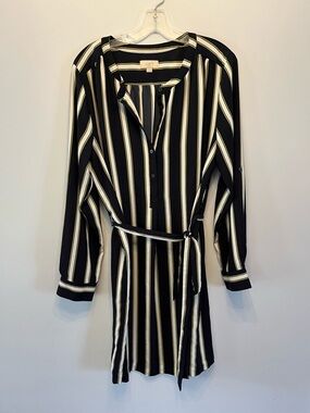 LOFT Black and White Vertical Stripe Long Sleeve Belted Dress